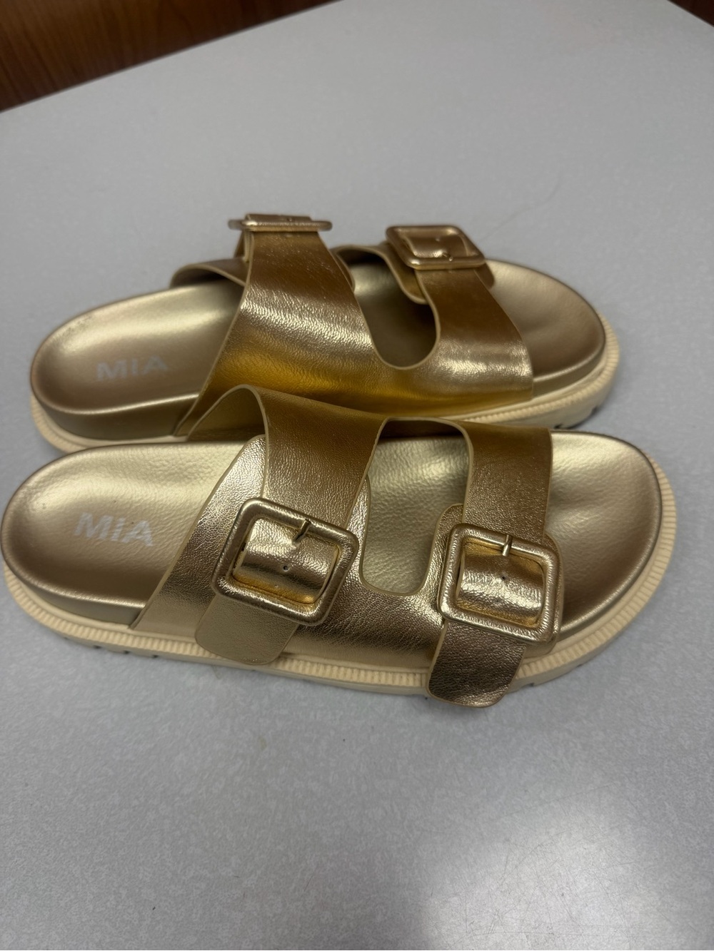 MIA Ladies Metallic Gold Double-Buckle Slide Sandals